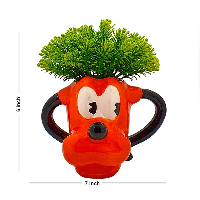 Green Color Flower Plant With Cute Cartoon Design Vase, Perfect For Home & Office Decor, Size - 6 x 7 Inch