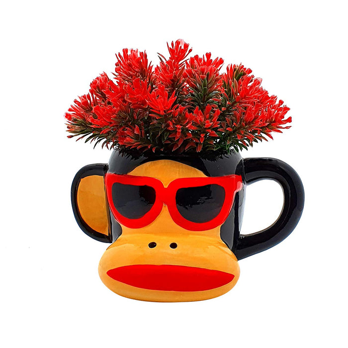 Artificial Flower Plant With Cute Cartoon Monkey Design With Pot, Perfect For Home & Office Decor Size - 6 x 7 Inch