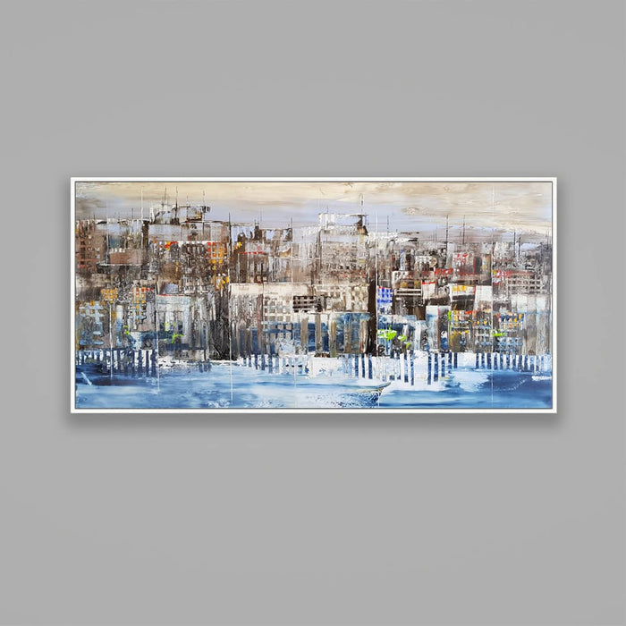 Art Street Canvas Painting Art city abstract Digital Decorative Luxury Paintings with Frame for Home, Living Room & Office Décor (Blue, 22 X 46 Inches)