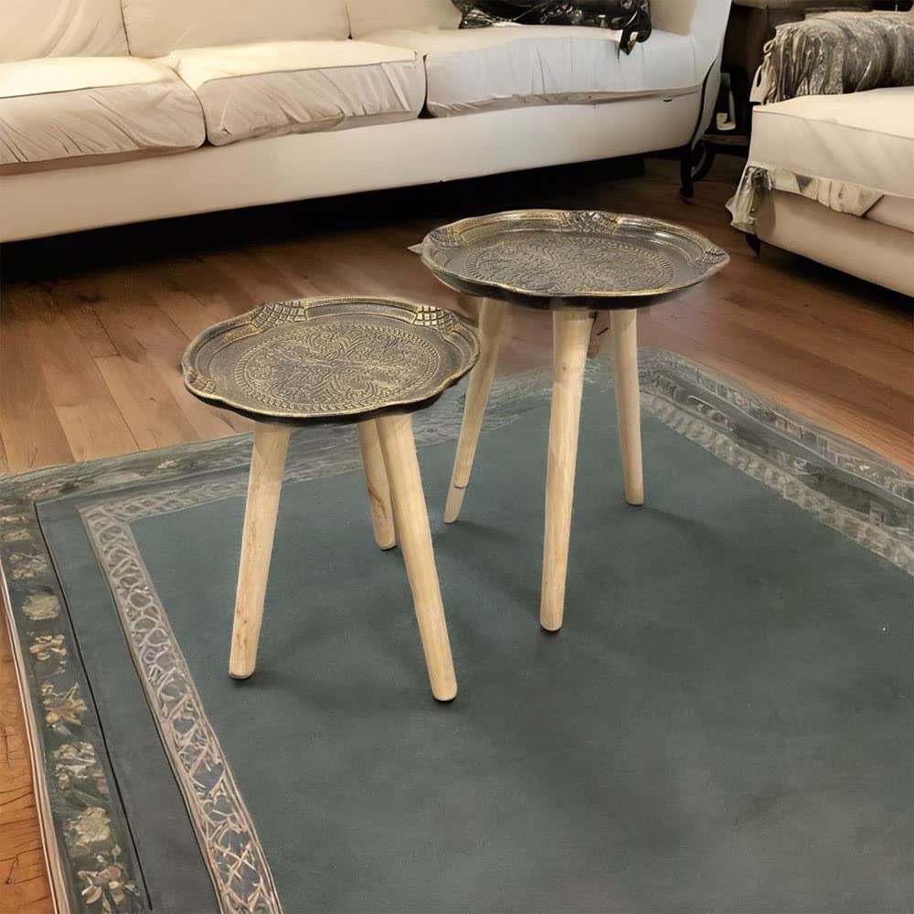 Set of 2 Round Stool Table Portable Wooden Stool, Antique Coffee Table ...