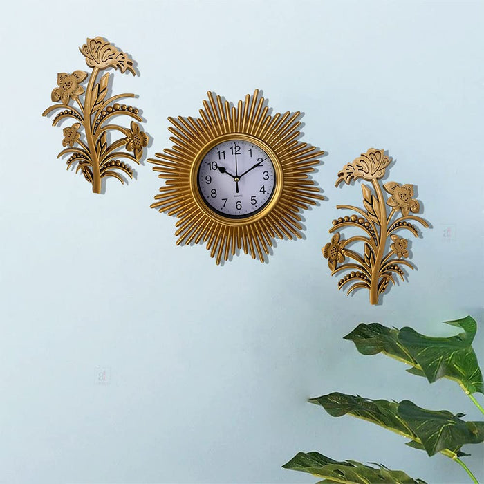 Art Street Decorative Sun Wall Clock with Leaf Set of 3, Plastic Fancy Hanging Clock with Wall Art for Décoration for Living Room, Bedroom, Home & Office Decor - (Gold, 25 X 25 Cm)