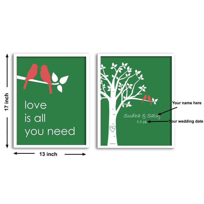 Art Street Personalized Green Love Birds Wedding Date & Name Display Art Print Set of 2- Personalized Anniversary,Valentines Day Gift For Couple:- Digitally Printed - 5X5 ||3X17 Inches