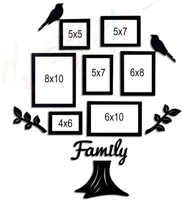 Set of 7 Family Tree Individual Wall Photo Frame With MDF Plaque- (2 Leaf, 1 Trunk, 2 Birds, 1 Family)