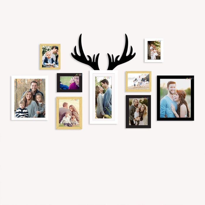 9 Individual Multicolored Wall Hanging Photo Frames With Horn Shape Plaque ( Sizes 4" x 6", 6" x 8", 6" x 10", 8" x 10" )