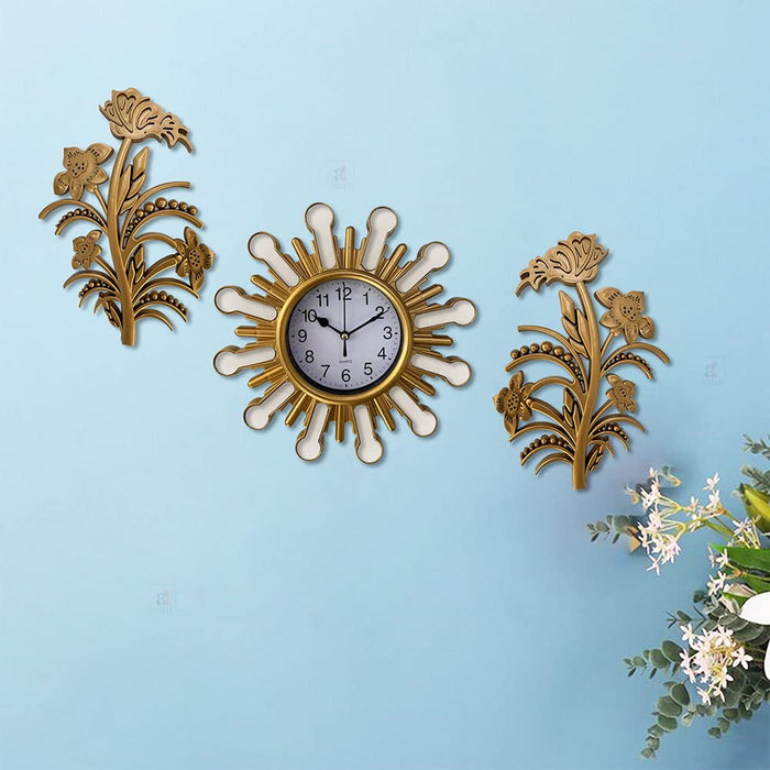 Art Street Decorative Flower Wall Clock with Leaf Set of 3 Stylish Modern Plastic Fancy Hanging Clock with Wall Art for Décoration for Living Room, Bedroom, Home & Office Décor - (Golden, 25 X 25 Cm)
