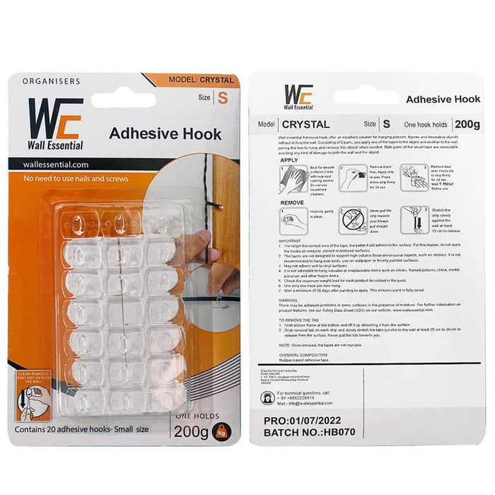 Wall Essential Adhesive Wall Hooks for Wires and Lighting Wires Hanging Plastic Utility Hooks Pack Of 120 Pcs, Damage-Free Hanging, One Pcs Can Hold Up to 200 Gram, (120 Pcs, Model: Crystal, Size: Small) Small 120