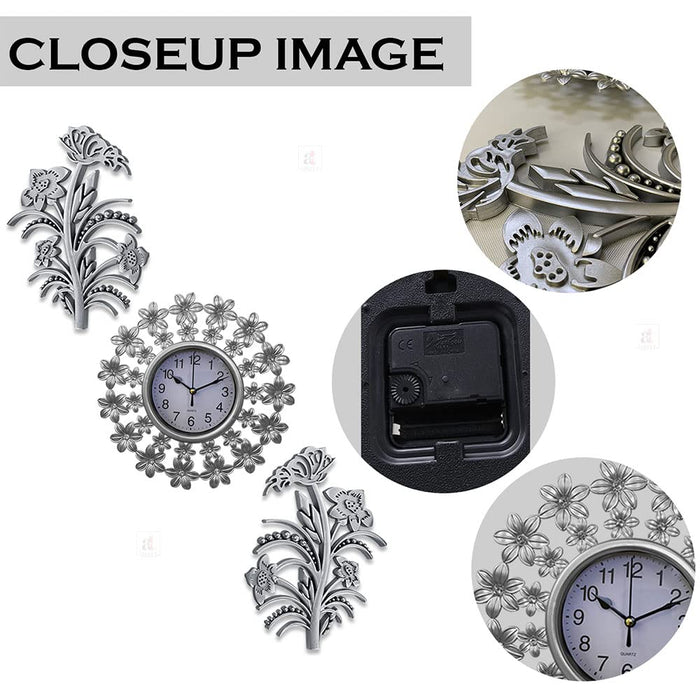 Art Street Decorative Flower Wall Clock with Leaf Set of 3 Plastic Hanging Clock with Wall Art for Décoration for Living Room, Bedroom, Home & Office Décor - (Silver, 25 X 25 Cm)