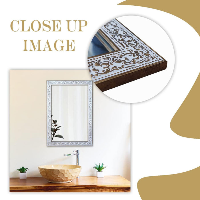 Art Street Textured Design Decorative Wall Rectangular Makeup Mirror, Decorative Looking Glass with Frame for Home (19.4x13.4 Inches, White Gold)
