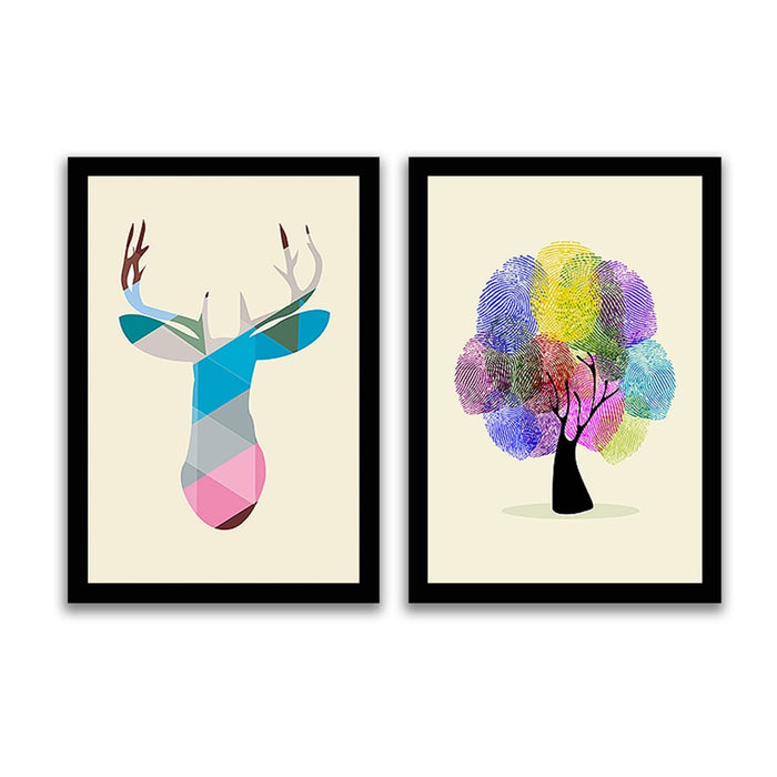 Art Street Abstract Tree Geomatric Reindeer Framed Art Print for Home, Kids Room, Wall Hanging Decor & Living Room Decoration I Modern Luxury Decorative gifts (Set of 2, 9.4 x 12.9 Inches)