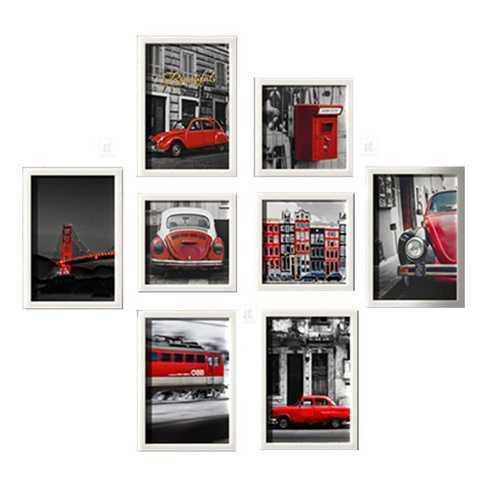 Art Street Wall Décor Bar Red Car and Building Set of 8 Framed Art Prints Paintings for Home Gallery, Bedroom, Living Room & Office (Size - 5 - 8 x 12 & 3 - 8 x 8 Inches)