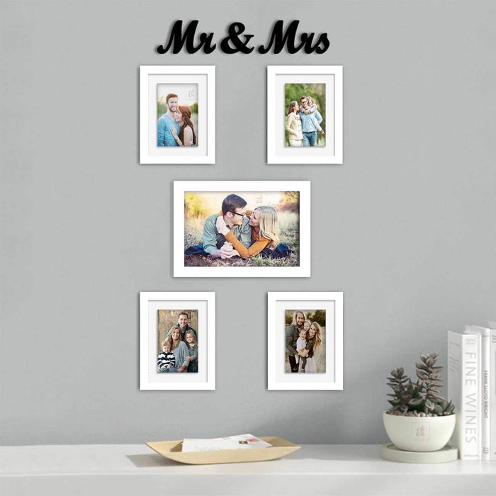 Art Street Set of 5 White Photo Frame With Mr.& Mrs MDF Cutout for Home Décor Living Room Wall Decoration (Size - 6X8, 8X12 Inches)
