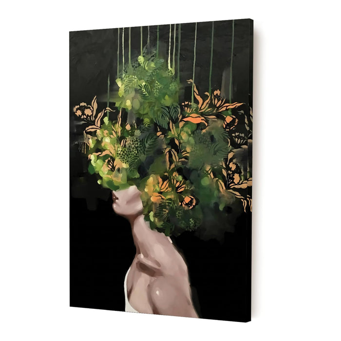 Art Street Stretched On Frame Canvas Painting Garden Green Girl With Flower Bouquet Art  (Size: 16x22 Inch)