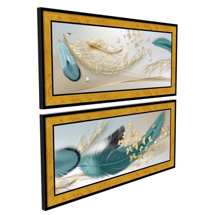 Art Street Modern Art Abstract Floating Feathers Poster Framed Art Print For Living Room, Decorative Home & Wall Decor - Set Of 2 (Golden, 8x18 Inch)