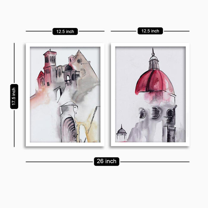 ‎Art Street Set of 2 Historical Building Art Print Painting Historical Building White Framed Poster for Home Décor and Wall Decoration (Size - 17.5 x 26 Inch)