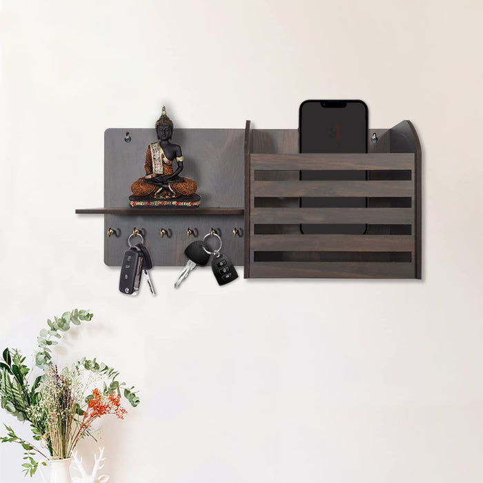 Art Street MDF Wall Mount Shelves for Home Decor Wooden Storage Display Floating Shelf with Key Holder for Home and Living Room Decoration (Color - Dark Brown, Size - 7 x 15 Inch)