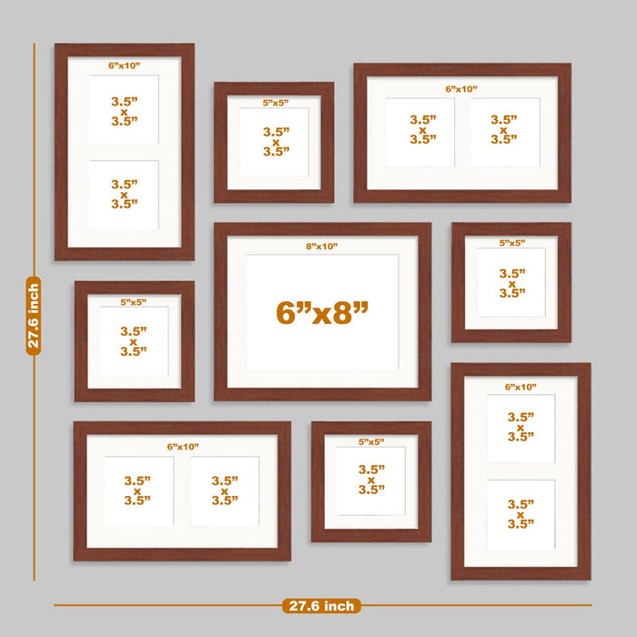 Family Square Photo Frames Set of 9 Brown Wall Photo Frames with Matte for Living Room Decoration