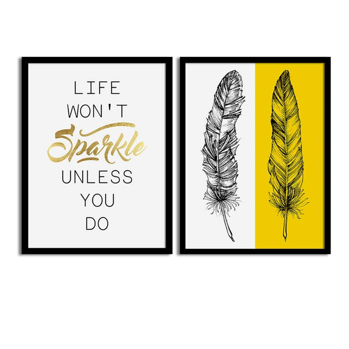 Yellow Sparkle Feather Matte Art Print, Painting for Home Décor Set of 2