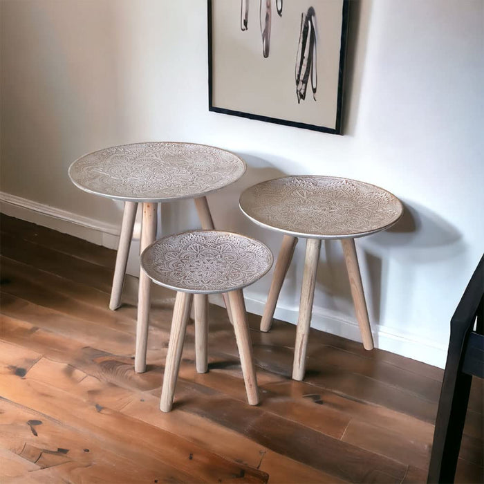 Set of 3 Round Stool Table Portable Wooden Stool, Antique Coffee Table for Living Room Side/Corner Table-White (Size: 11.5X14.5, 17X14 & 15.5X17.3 Inch)
