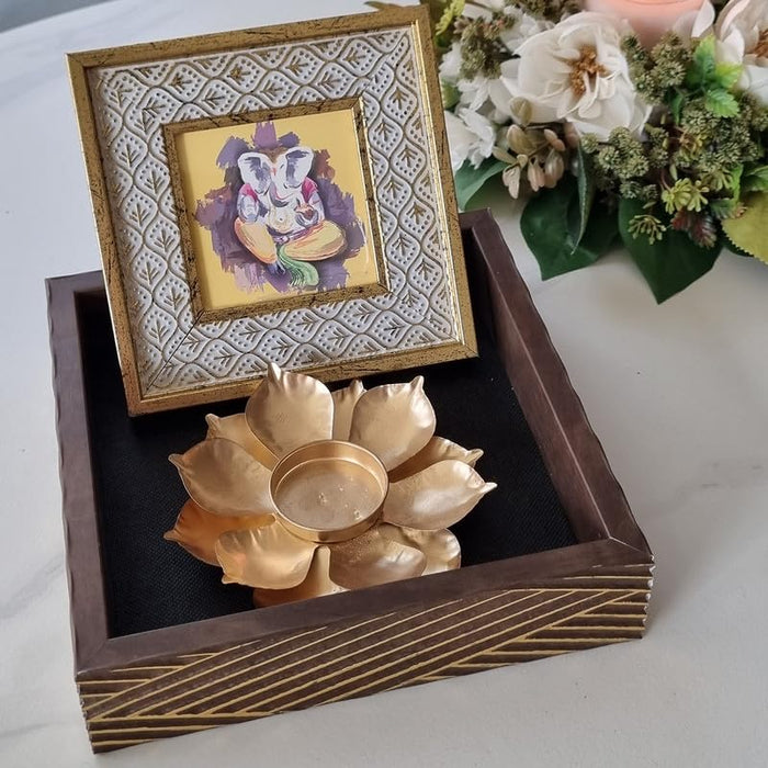 Art Street Diwali Gift Hamper Combo Set, Decorative Gifts Of Love Gift Box, Lotus Design Diya with Table Photo Frame, Diwali Festive Gifting, Cash Box, Shagun, Jewelry Box (Brown, 7.5x7.5x2.3 Inch)