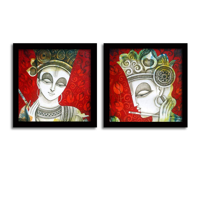 Art Street Artistic Sri Krishana Theme in Red Background Framed Set of 2 Framed Canvas Painting Art Print- 12x12 Inches