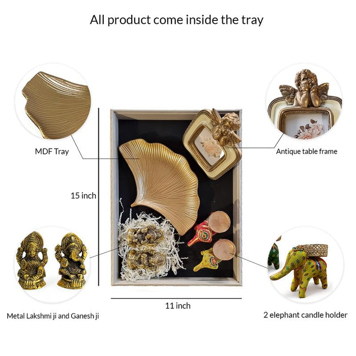 Art Street Diwali Gift Hamper Combo Set, Handmade Decorative & Serving Trays, Table Photo Frame, Traditional Laxmi & Ganesh Statue with Two Elephant Candle Holder for Pooja Decor (White, 15x11 Inch)