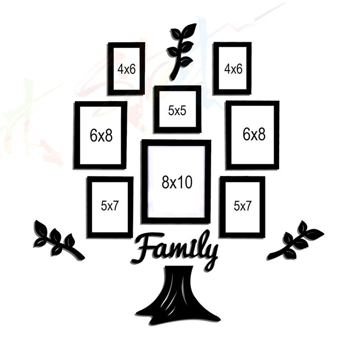 Family Tree 8 Individual Photo Frame With MDF Plaque - (3 Leaf, 1 Trunk & 1 Family)