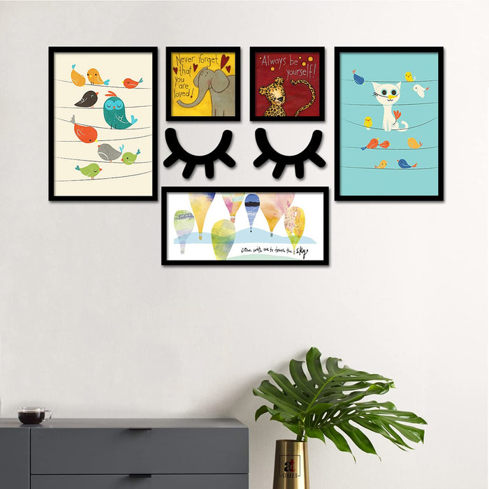 Art Street Set of 5 Framed Poster Art Print -Cats And Birds - Kids Room Art Print-Multicolored, Art Print for Living Room (2 Units A3, 2 Units 8.6 X 8.6, 1 Unit 18.5 X 8.6 Inchs) Black