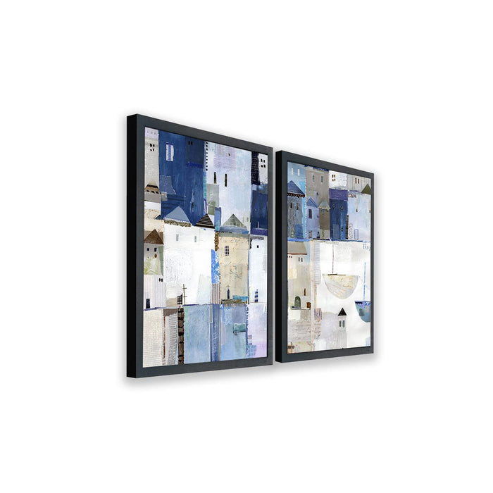 Art Street Abstract Blue White Gray City Landscape Framed Art Print for Home, Office, Wall Hanging Decor & Living Room Decoration I Luxury Decorative gifts (Set of 2, 12.9 x 17.7 Inches)