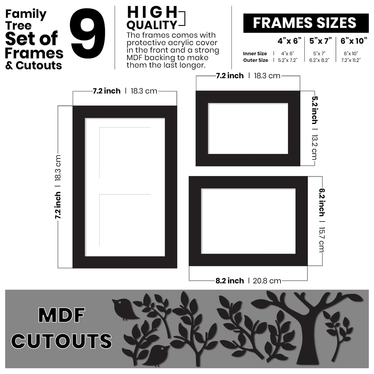 Art Street Family Tree MDF Photo Frame Individual Picture Wall Art, Se ...