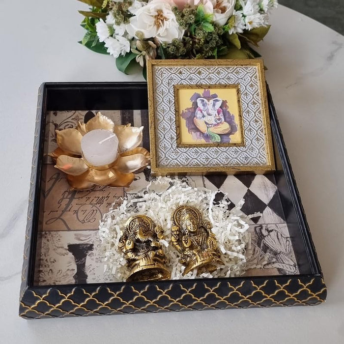 Art Street Diwali Gift Hamper Combo Set, Handmade Decorative & Serving Tray, Table Photo Frame, Traditional Laxmi & Ganesh Statue with Lotus Design Diya for Pooja Decor (Black, 11x11 Inch Tray)