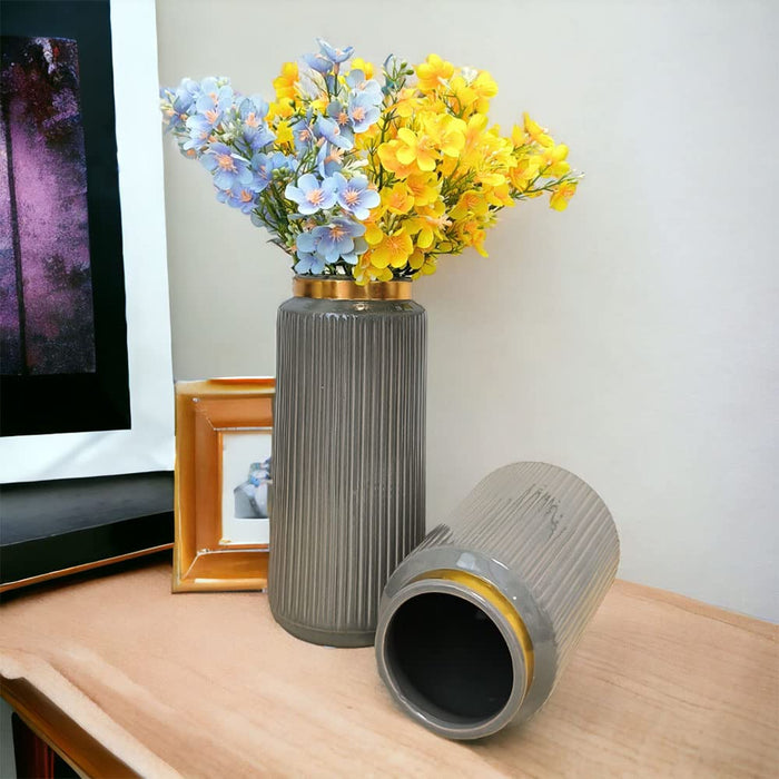 Decorative Ceramic Flower Vase Ribbed Design Modern Flower Pot for Home, Office Decoration, Etc. ( Color  Grey )