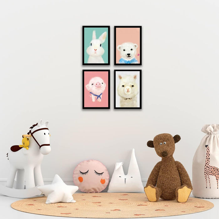 Art Street Cute Pig Bunny Bear Framed Art Print for Home, Kids Room, Wall Hanging Decor & Living Room Decoration I Modern Luxury Decorative gifts (Set of 4, 9.4 x 12.9 Inches)