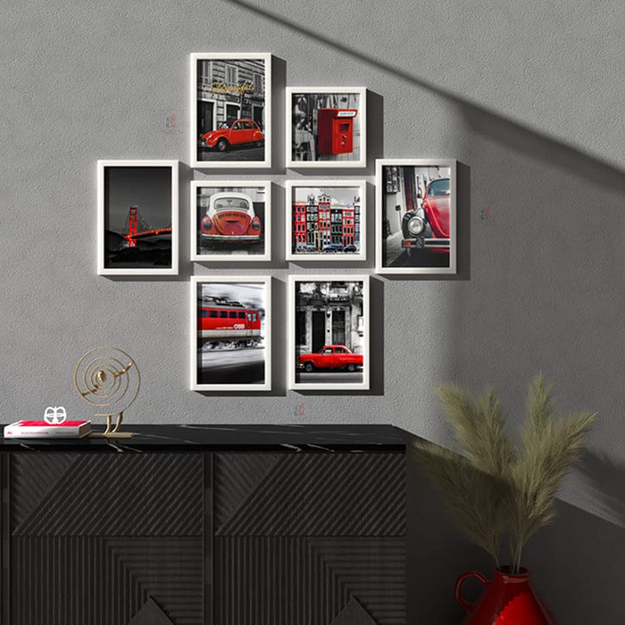 Art Street Wall Décor Bar Red Car and Building Set of 8 Framed Art Prints Paintings for Home Gallery, Bedroom, Living Room & Office (Size - 5 - 8 x 12 & 3 - 8 x 8 Inches)