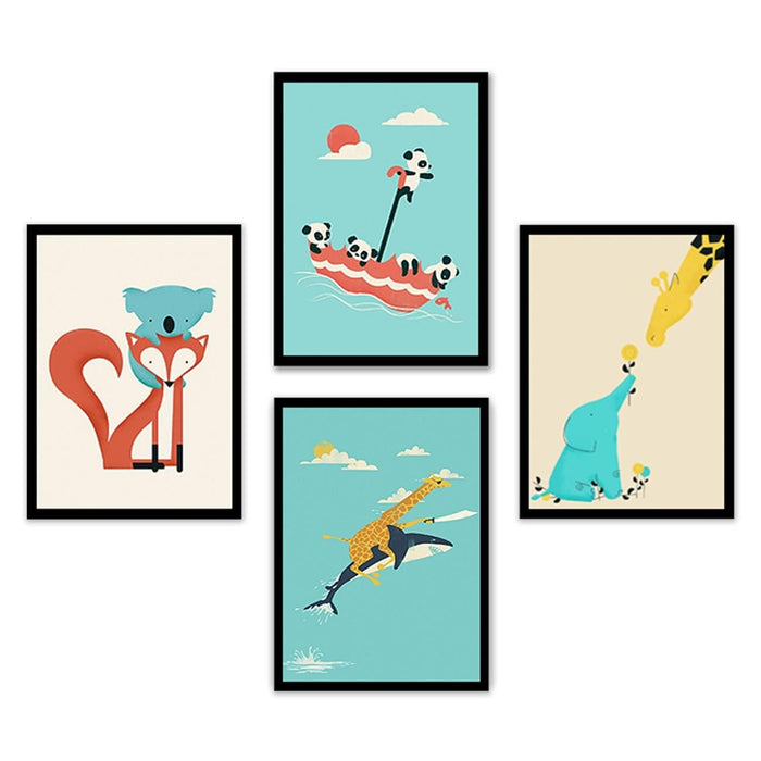 Art Street Animal Cartoons Set of 4 Colorful painting Art Print for Home, Kids Room, Wall Hanging Decor & Living Room Decoration I Modern Luxury Decorative gifts (12.9 x 17.7 Inches)
