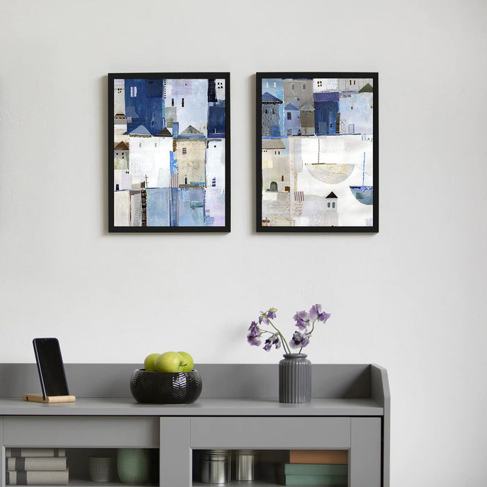 Art Street Abstract Blue White Gray City Landscape Framed Art Print for Home, Office, Wall Hanging Decor & Living Room Decoration I Luxury Decorative gifts (Set of 2, 12.9 x 17.7 Inches)