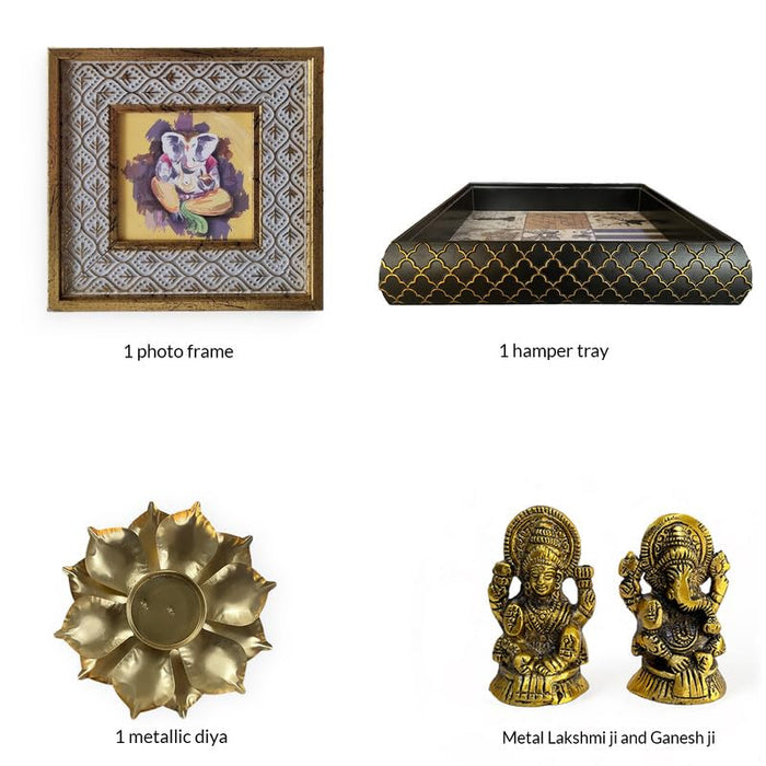 Art Street Diwali Gift Hamper Combo Set, Handmade Decorative & Serving Tray, Table Photo Frame, Traditional Laxmi & Ganesh Statue with Lotus Design Diya for Pooja Decor (Black, 11x11 Inch Tray)