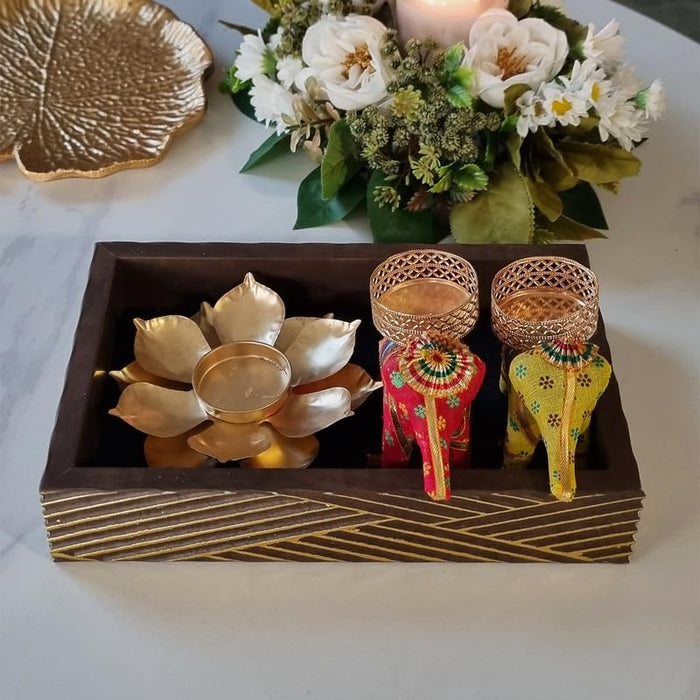 Art Street Diwali Gift Hamper Combo Set, Decorative Gifts Of Love Gift Box, Lotus Design Diya with Two Elephant Candle Holder, Diwali Festive Gifting, Shagun, Jewelry Box (Brown, 9x6x2.3 Inch)