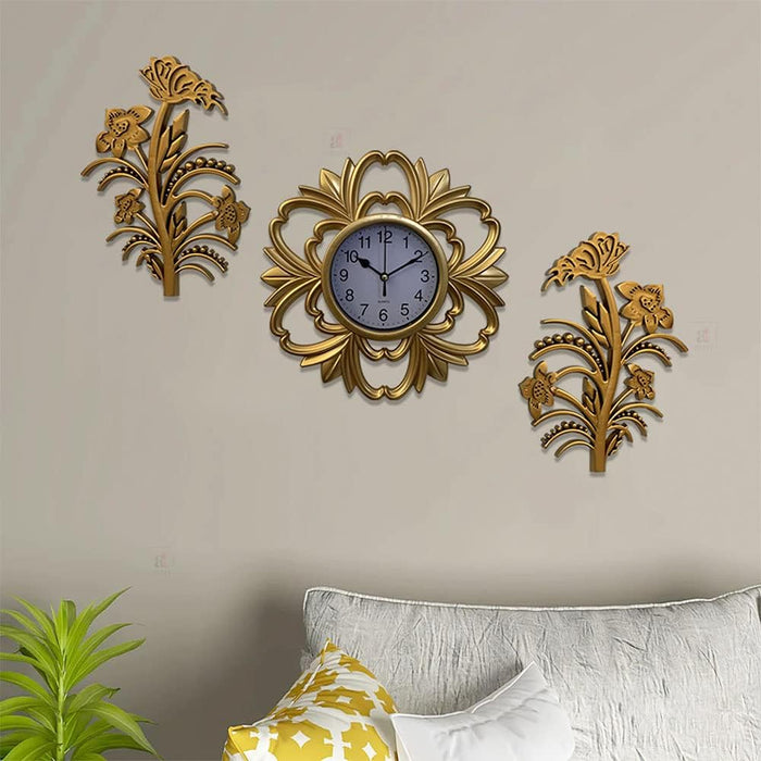Art Street Decorative Antique Wall Clock with Leaf Set of 3 Plastic Fancy Hanging Clock with Wall Art for Décoration for Living Room, Bedroom, Home & Office Decor - (Gold, 25 X 25 Cm)