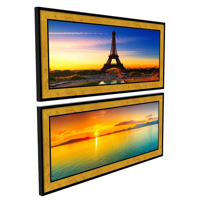 Art Street Modern City of Love Eiffel Tower & Sunset Poster Framed Art Print For Living Room, Decorative Home & Wall Decor - Set Of 2 (Golden, 8x18 Inch)