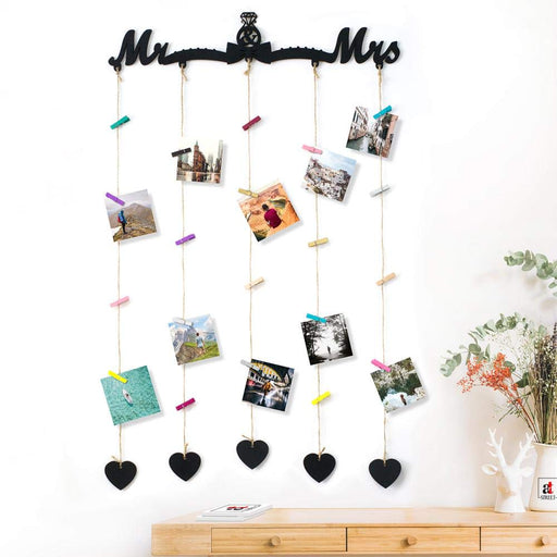 Art Street Birds Design MDF Plaque Clip Photo Frame Collage Hanging Frame  with Wooden Clips with LED Lights - Black - Size - 18.5 x 32 Inchs