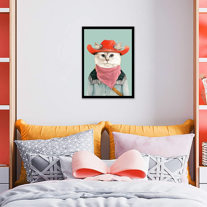 Art Street Cute Cowboy Cat Cartoon Colorful painting Art Print for Home, Kids Room, Wall Hanging Decor & Living Room Decoration I Modern Luxury Decorative gifts (12.9 x 17.7 Inches)