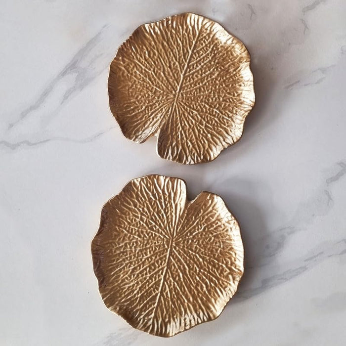 Art Street Lotus Leaves Shape Tray Set of 2 for Home Décor Gifting Item, Diwali Gift, Festive, Pooja Decorative Item for Living Room Dining Office Center Table, Golden Color (Only Tray Included)