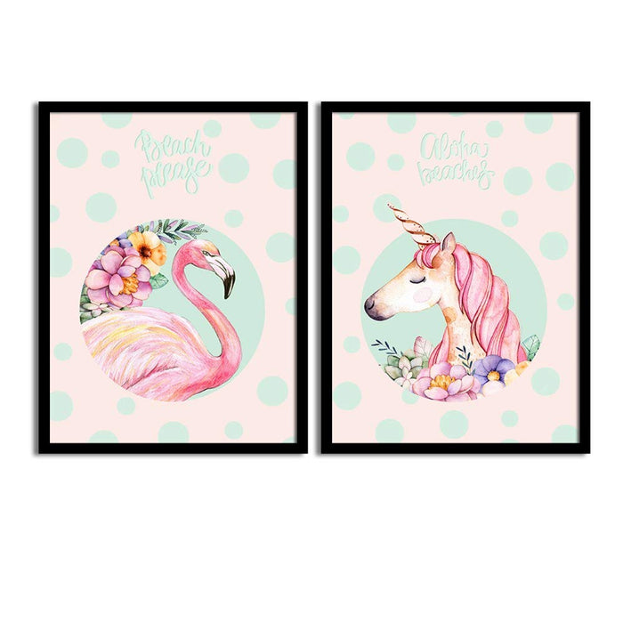 Art Street Pink Flamingo and Unicorn Matte Art Print, Painting for Home Décor Set of 2