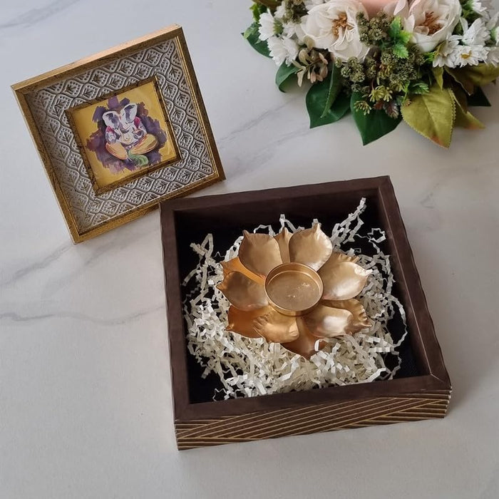 Art Street Diwali Gift Hamper Combo Set, Decorative Gifts Of Love Gift Box, Lotus Design Diya with Table Photo Frame, Diwali Festive Gifting, Cash Box, Shagun, Jewelry Box (Brown, 7.5x7.5x2.3 Inch)