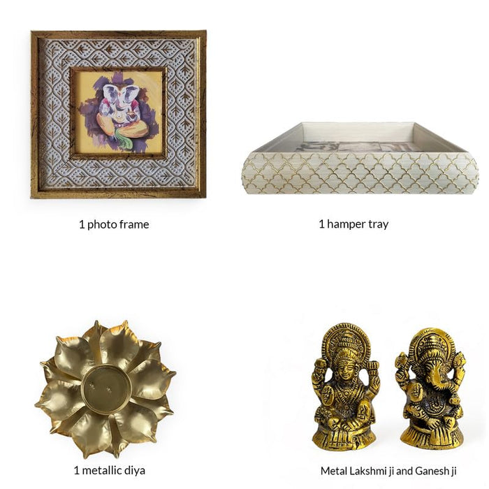 Art Street Diwali Gift Hamper Combo Set, Handmade Decorative & Serving Tray, Table Photo Frame, Traditional Laxmi & Ganesh Statue with Lotus Design Diya for Pooja Decor (White, 11x11 Inch Tray)