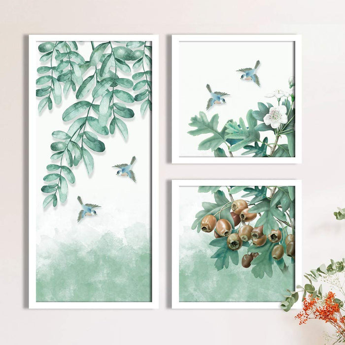 Art Street Bird Floral Theme in Framed Printed Set of 3 Wall Art Print, Painting