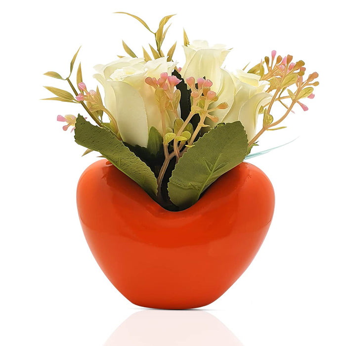 Artificial Ceramic Red Heart Shape Flower Vase with Artificial Plants White Roses, Flower Pot for Home & Office Decoration. ( Color - Red)