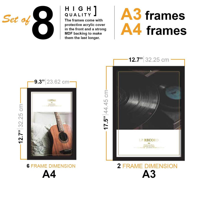 Art Street Musical Instruments Framed Posters, Set of 8 Black Frame Art Prints/Posters for Living Room (2 Units A3 & 6 Units A4)