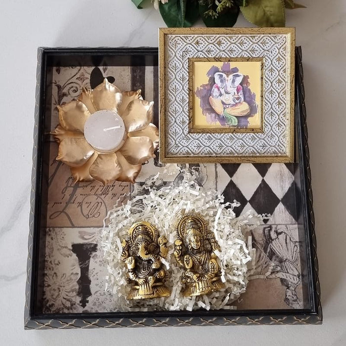 Art Street Diwali Gift Hamper Combo Set, Handmade Decorative & Serving Tray, Table Photo Frame, Traditional Laxmi & Ganesh Statue with Lotus Design Diya for Pooja Decor (Black, 11x11 Inch Tray)