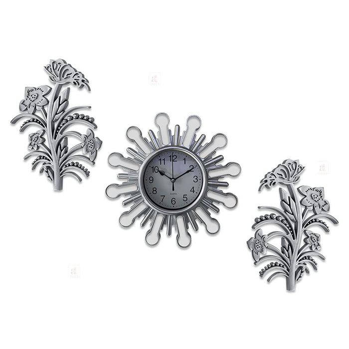 Art Street Decorative Flower Silver Wall Clock with Leaf Set of 3 Plastic Hanging Clock with Wall Art for Décoration for Living Room, Bedroom, Home & Office Décor - (25 X 25 Cm)